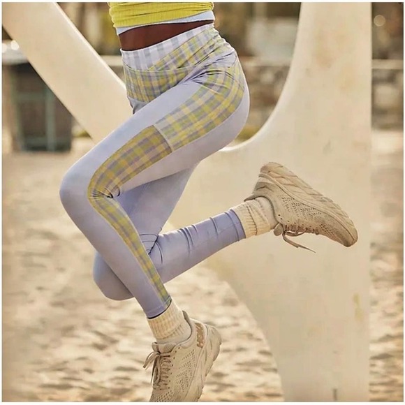 Free People FP Movement Lilac & Green Plaid Leggings Size M NWOT - Picture 1 of 12